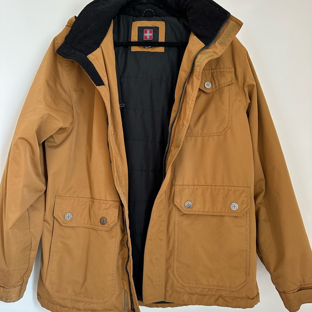 Swiss Tech Men’s Chore Jacket Size 34/36 Hooded Khaki Zipper EUC
